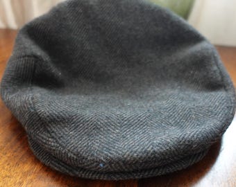 Herringbone Flat Cap Mens S/M Charcoal Grey Wool Blend Ivy league