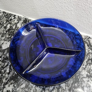 Cobalt blue glass Divided Dish- 3 compartment plate