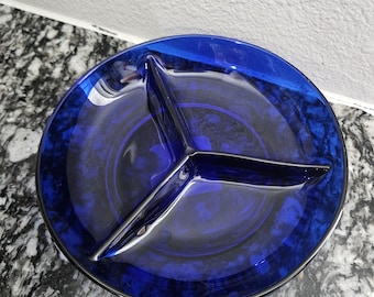 Cobalt blue glass Divided Dish- 3 compartment plate