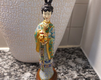 Rare Vintage Chinese Cloisonne lady statue figurine of gilt metal body and carved hair