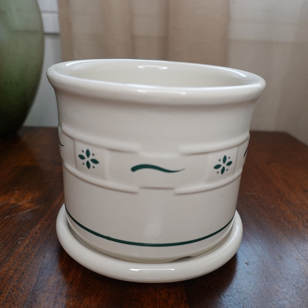 Longaberger Pottery woven traditions heritage green crock with coaster lid