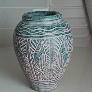 Boho Chic Green Vase with Pink Carved Tribal Pattern Decor