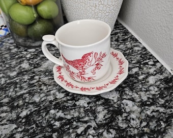 Red and White Bird Toile Porcelain Coffee Mug with Saucer: Andrea by Sadek