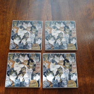 Vintage set of 4 coasters ceramic cats drinkware