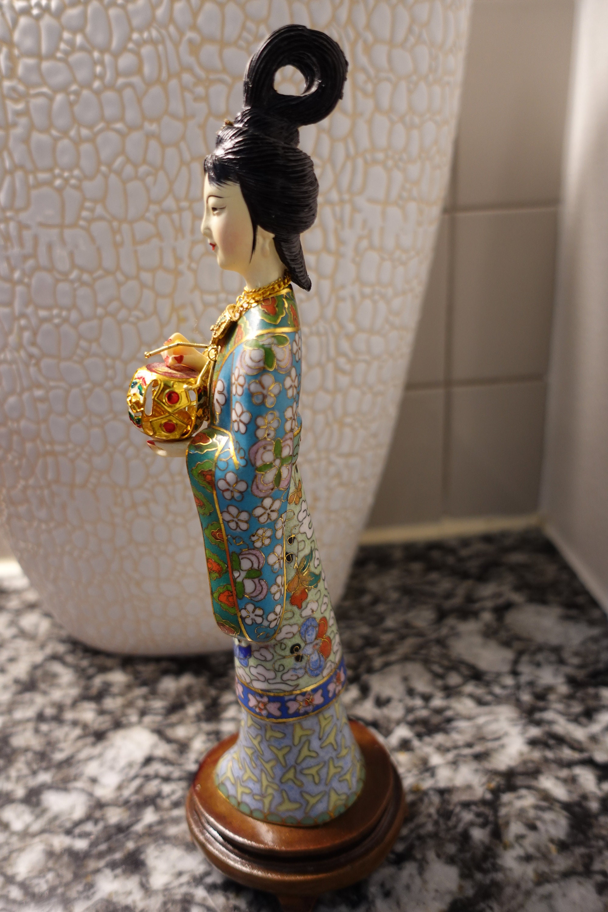 Rare Vintage Chinese Cloisonne Lady Statue Figurine of Gilt Metal