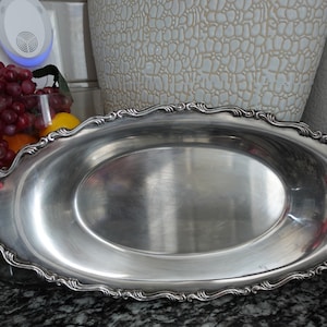 Vintage oval silver platter 14 inches long Victorian ornate edges serving tray