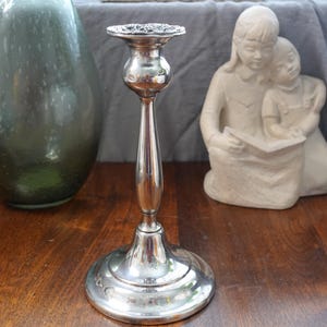 Vintage silver-plated LB candlestick holder ornate wide base 9 inches tall