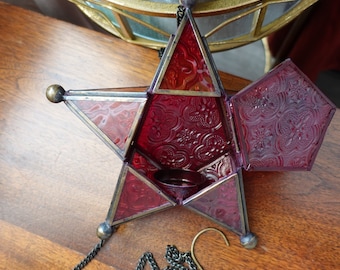 Vintage framed red patterned Stained glass star candle votive holder