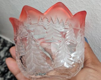 Vintage Red Trimmed Frosted Glass Candle Holder Winter Scene Christmas Decor