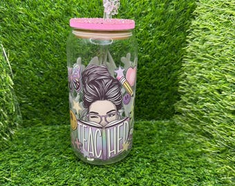 16 oz glazen lerarenbeker met verblind bamboe deksel
