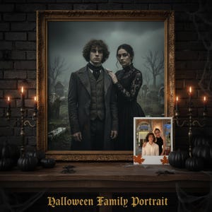 May include: A framed Halloween family portrait depicting a couple in Victorian clothing, set against a graveyard scene. The image is on a wooden table with candles, pumpkins, and the text "Halloween Family Portrait".