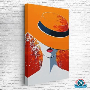 Retro Woman with an Orange Hat Canvas Painting, Classic Canvas Art, Modern Canvas Wall Decor, Housewarming Gifts, Framed Canvas Wall Art