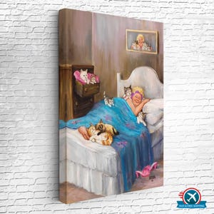The Picture of Happiness: Old Woman and Cat by Dianne Dengel, Canvas Room Decor, Framed Canvas Wall Art, Modern Canvas Wall Decor