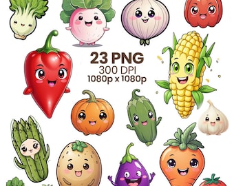 Paquete de imágenes prediseñadas de verduras kawaii, pegatinas de verduras sonrientes (descarga digital)