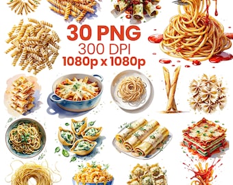 Pasta Clipart PNG Bundle, Italian Food, Spaghetti Lasagna, Ravioli, Watercolor Pasta Art (Instant Download)