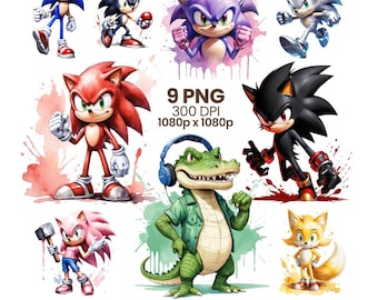 Sonic Characters WaterColour PNG Bundle, Tails, Knuckles, Amy, Shadow (Digital Download)