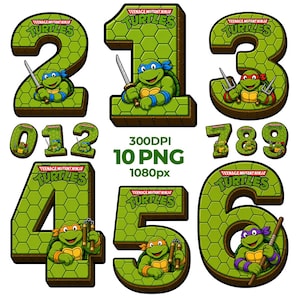 Op de afbeelding: Een verzameling digitale grafische cijfers van 0 tot 9 met Teenage Mutant Ninja Turtles-personages. Elk cijfer heeft een groen honingraatpatroon en een bruine rand. De tekst 300DPI 10 PNG 1080px staat gecentreerd in het midden van de afbeelding.