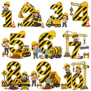 Puede incluir: Un conjunto de números del uno al diez con temática de construcción, patrones de rayas amarillas y negras, cascos amarillos, trabajadores, excavadoras, camiones volquete, grúas, hormigoneras, conos de tráfico y barreras viales.