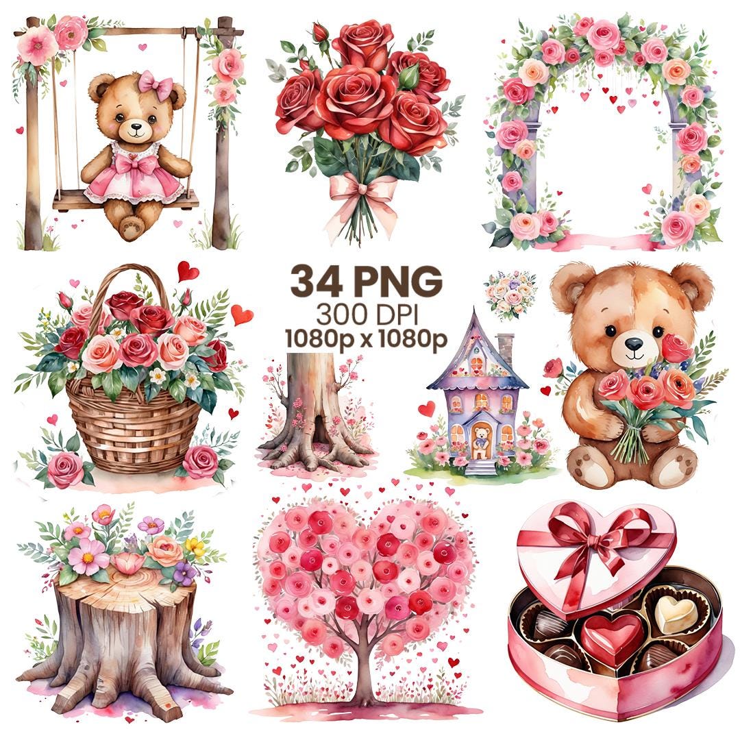 Watercolor Teddy Bear Valentine Clipart Bundle, Floral PNG (digital ...