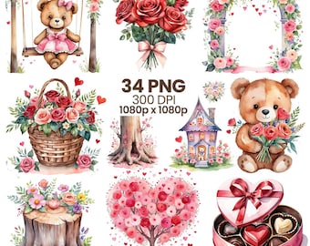 Watercolor Teddy Bear Valentine Clipart Bundle, Floral PNG (Digital Download)