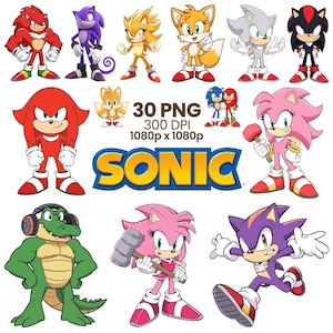 Può includere: Una collezione di adesivi di personaggi dei cartoni animati colorati con Sonic the Hedgehog e i suoi amici. L'immagine include vari personaggi in pose d'azione, con la parola "SONIC" in un logo blu e giallo.