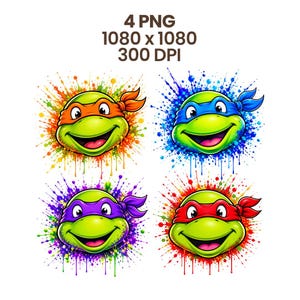 Puede incluir: Cuatro ilustraciones coloridas de caras de las Tortugas Ninja. Cada tortuga tiene una máscara de diferente color: naranja, azul, morado y rojo. El texto "4 PNG 1080 x 1080 300 DPI" está en la parte superior.
