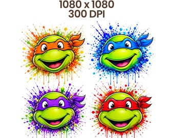 Ninja Turtle Head PNG Bundle: Comic Style T-Shirt Designs (Digital Download)