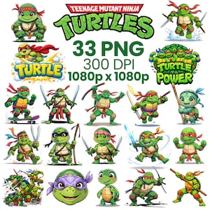 Può includere: Una collezione di grafiche delle Tartarughe Ninja. L'immagine include varie illustrazioni delle tartarughe in azione, con armi, e il testo "33 PNG 300 DPI 1080p x 1080p". Le tartarughe sono verdi con fasce colorate.