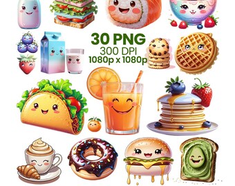 Kawaii Breakfast Clipart Bundle, Food PNG Set, 30 Characters (Digital Download)