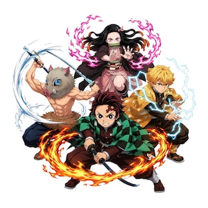 May include: Illustration of four characters from the anime series Demon Slayer. The characters are posed with action effects like fire, water, and lightning. The characters are Tanjiro, Nezuko, Inosuke, and Zenitsu.