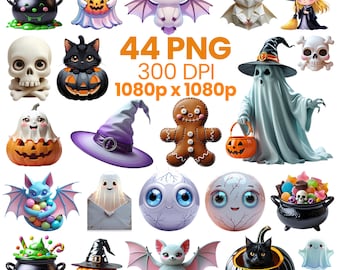Spooky Halloween PNG Bundle, Kawaii Halloween Stickers, (Digital Download)