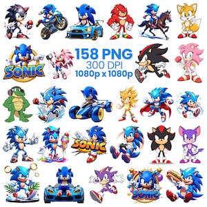 May include: A collection of colorful PNG images featuring various depictions of Sonic the Hedgehog and related characters. The images include Sonic in different poses, driving vehicles, and with other characters. Text on the image indicates the number of images and resolution.