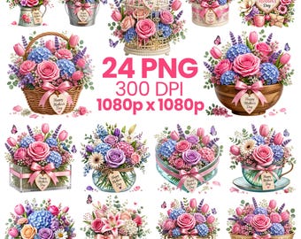 24 Watercolor Mothers Day PNG Bundle, Mom Flowers Designs (Digital Download)