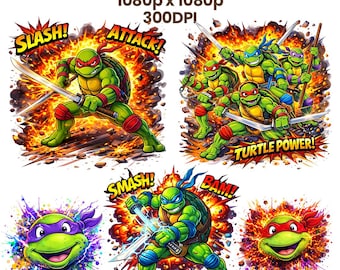 Ninja Turtles Clipart Bundle: Turtle Power PNG, Comic Style PNG, T-Shirt Designs (Digital Download)