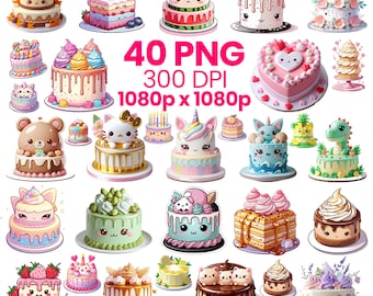 Kawaii Cake PNG Bundle, Sweet Food, 40 Cake Designs, Pastel Cartoon Cakes (Instant Download)