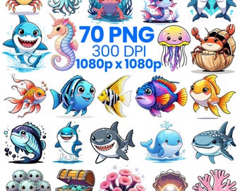 Sea Animals Png's Bundle: Fish, Shark, Dolphin, Octopus, Marine (Stickers) Instant Download