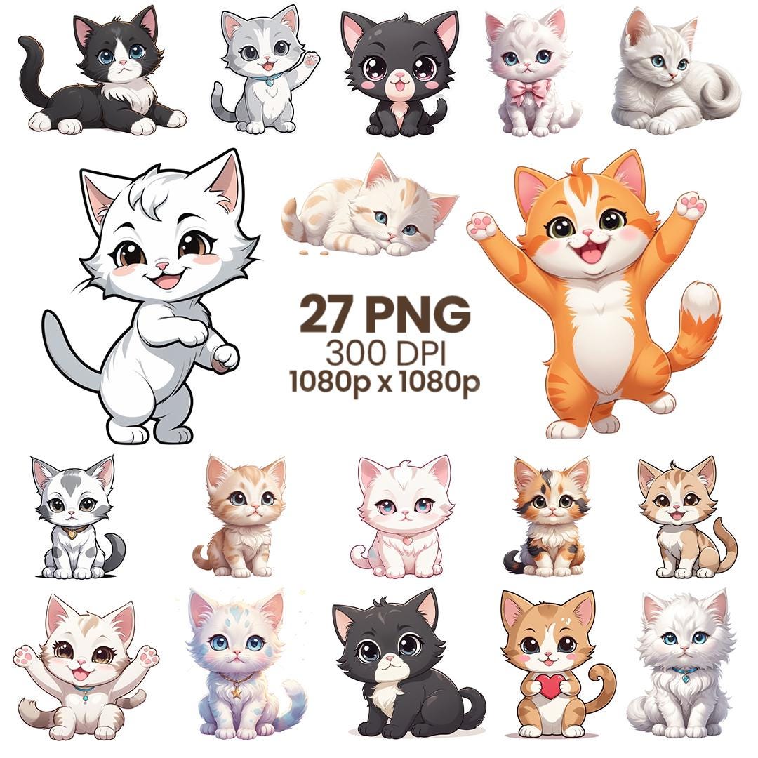 Cute Kawaii Cat Clipart PNG Bundle | Cats Clipart for Stickers, Kids ...