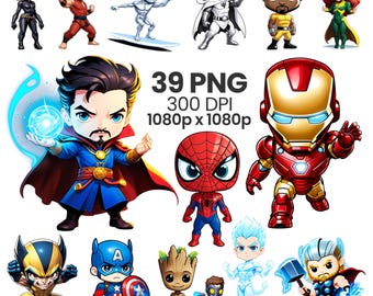 Marvel Superhero Chibi  PNG Bundle: 39 PNG Files, Transparent Background (Digital Download)