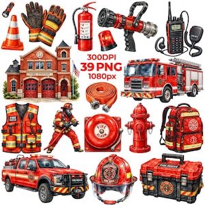 Pode incluir: Uma coleção de ilustrações digitais com tema de bombeiros, incluindo um quartel, um caminhão de bombeiros, uma picape, um hidrante, um alarme, um extintor, uma mangueira, um capacete, um colete, luvas, uma mochila e um rádio.