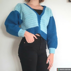 blue v-neck sweater, crochet sweater, v-neck sweater