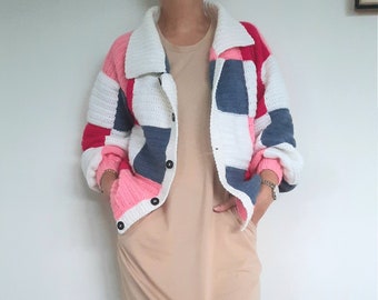 Harry Styles Cardigan, Patchwork Cardigan, pink, white, colorful, oversized, crocheted, cardigan