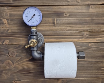 Industrial-style pipe toilet paper holder | Steampunk bathroom decor | Gift for men | Handmade black metal toilet holder
