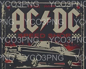 May include: Vintage-style poster with the band name AC/DC in large, bold letters. A classic car is featured below, with the words "Speed Shop" and "Highway to Hell" in a retro font. The color scheme is primarily black, red, and beige.