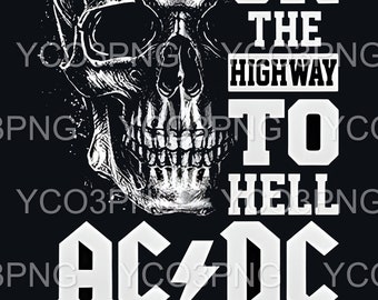 Peut inclure: Conception graphique en noir et blanc représentant un crâne avec le texte "I'm on the highway to hell AC/DC".