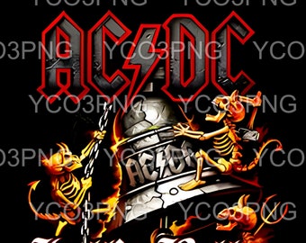 May include: A black and red graphic of the band AC/DC with a large bell in the center. The bell is cracked and has flames coming out of it. Two skeletal figures are holding chains attached to the bell. The text "Hell's Bells" is below the bell, and the text "I got my bell gonna take ya to hell" is below that.