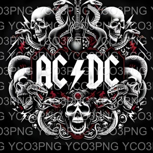 May include: Black and white graphic design featuring the band name "AC/DC" in bold white letters with a lightning bolt. The design is surrounded by a border of snakes and skulls.
