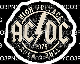 May include: A black and white circular sticker with the text "HIGH VOLTAGE" and "AC/DC" in a bold font. The sticker also includes a lightning bolt and the text "1975" and "ROCK & ROLL".