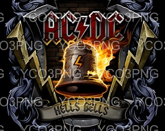 Peut inclure: Une image en noir et blanc d'une cloche entourée de flammes. La cloche est un symbole du groupe de rock AC/DC. Le texte "Hells Bells" est écrit sur une bannière sous la cloche.