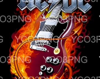 May include: A red electric guitar with a silver pickguard and a black and white AC/DC logo. The guitar is surrounded by flames.