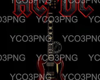 May include: A red electric guitar with a black and white AC/DC logo on the body. The guitar has a black pickguard and a silver tuning key. The guitar is set against a black background.